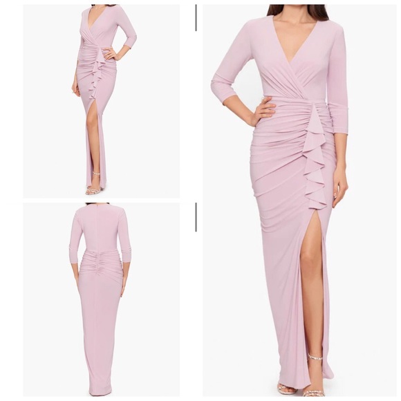 NWT Betsy and Adam Aubree Ruched Ruffle Long Sleeve V Neck Jersey Wrap Gown - Picture 8 of 16